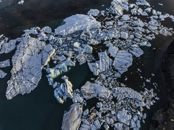Ice floes, morning mood, reflection, aerial view, summer, glacier lagoon, Jökulsarlon, Vatnajökull, Iceland