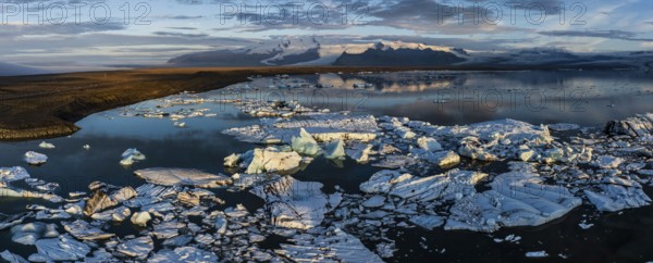 Ice floes, glacier, glacier tongue, fog, clouds, morning mood, panorama, mountains, reflection, aerial view, summer, glacier lagoon, Jökulsarlon, Vatnajökull, Iceland