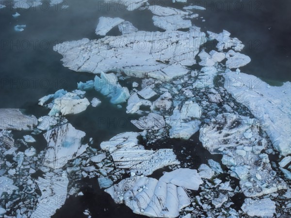 Ice floes, fog, clouds, morning mood, reflection, aerial view, summer, glacier lagoon, Jökulsarlon, Vatnajökull, Iceland