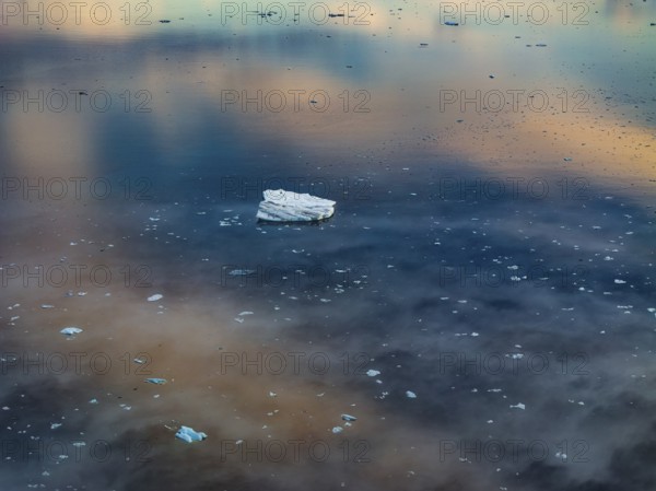 Ice floes, iceberg, fog, clouds, morning mood, reflection, aerial view, summer, glacier lagoon, Jökulsarlon, Vatnajökull, Iceland