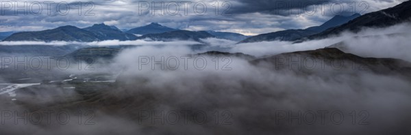 River, river course, river delta, mountains, clouds, panorama, summer, aerial view, Hvannagil, south-east Iceland, Iceland