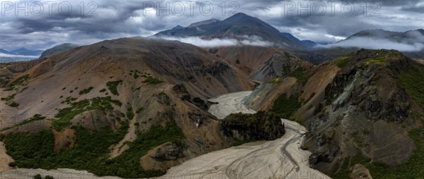 River, river course, river delta, mountains, clouds, canyon, gorge, summer, panorama, aerial view, Hvannagil, south-east Iceland, Iceland