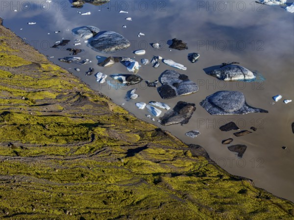 Ice floes, glacier, glacial lake, sunny, morning mood, reflection, aerial view, summer, Kviarjökull, Vatnajökull, Iceland
