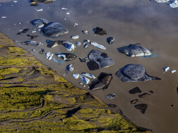 Ice floes, glacial lake, sunny, morning mood, reflection, aerial view, summer, Kviarjökull, Vatnajökull, Iceland
