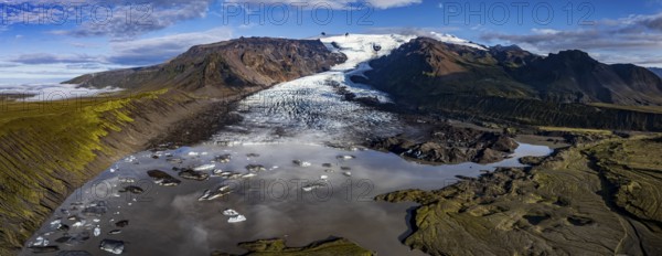 Ice floes, glacier, glacier tongue, glacier lake, sunny, morning mood, mountains, panorama, reflection, aerial view, summer, Kviarjökull, Vatnajökull, Iceland