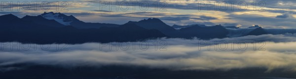 Fog, Clouds, morning atmosphere, Mountains, Aerial view, Panorama, Summer, Höfn, Iceland