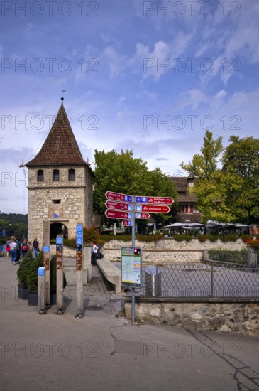 Historic defence defence tower, tower, visitors, tourists, signs, signposts, restaurant, Laufen Castle, Rhine Falls Schaffhausen, waterfall, Laufen-Uhwiesen, Canton Schaffhausen, Switzerland