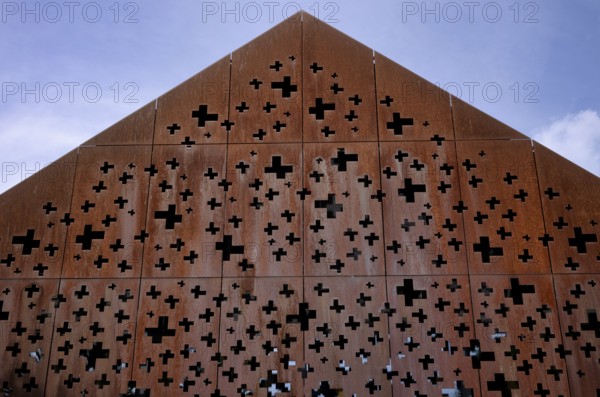 Building, roof, made of metal, with Swiss crosses, Rhine Falls Schaffhausen, waterfall, Laufen-Uhwiesen, Canton Schaffhausen, Switzerland