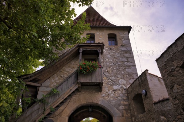 Historic defence defence tower, tower, Laufen Castle, Rhine Falls Schaffhausen, waterfall, Laufen-Uhwiesen, Canton Schaffhausen, Switzerland