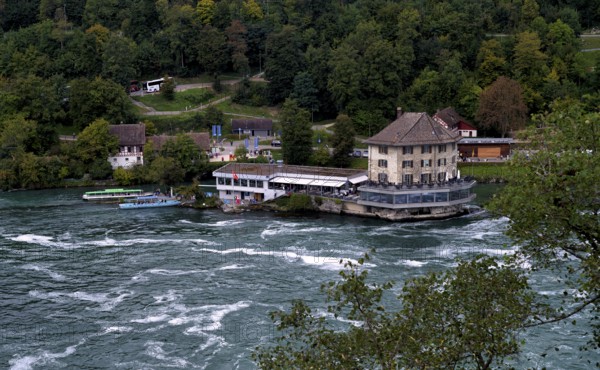 View from Schloss Laufen to Rhine Falls Schaffhausen, waterfall, Panoramarestaurant Schlössli Wörth, excursion boats, Neuhausen, Canton Schaffhausen, Switzerland
