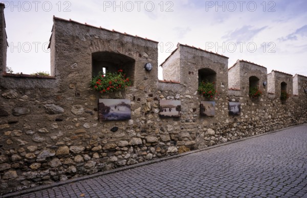 City wall, castle wall with paintings, Laufen Castle, Rhine Falls Schaffhausen, waterfall, Laufen-Uhwiesen, Canton Schaffhausen, Switzerland