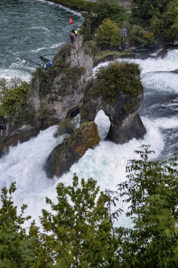 Tourists, visitors, on viewing platform, rock, middle rock, Rhine Falls Schaffhausen, waterfall, Canton Schaffhausen, Switzerland