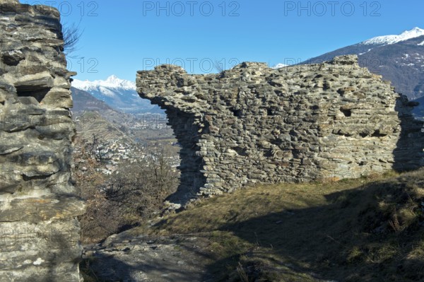 Remains of the walls and ruins of Montorge Castle, Sion, Valais, Switzerland