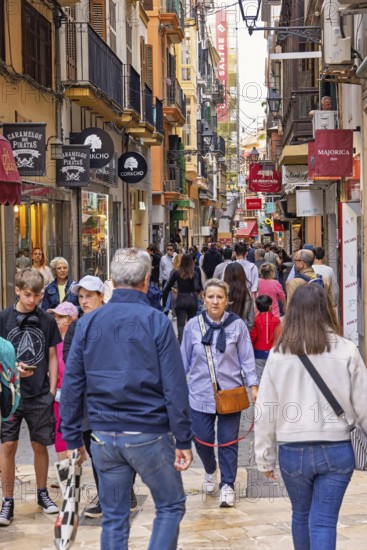 Many of tourist walking on a shopping street in the old town of Palma, Palma de mallorca, Mallorca, Spain