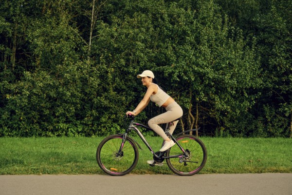 A woman rides a bicycle along a smooth path with vibrant green grass on one side and dense trees lining the other. The sun shines brightly, indicating a pleasant day for outdoor activities