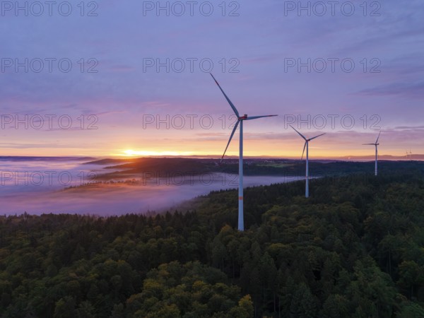 Wind turbines above a colourful forest landscape at dawn, sunrise, near Schorndorf, Remstal, Rems-Murr-Kreis, Baden-Württemberg, Germany