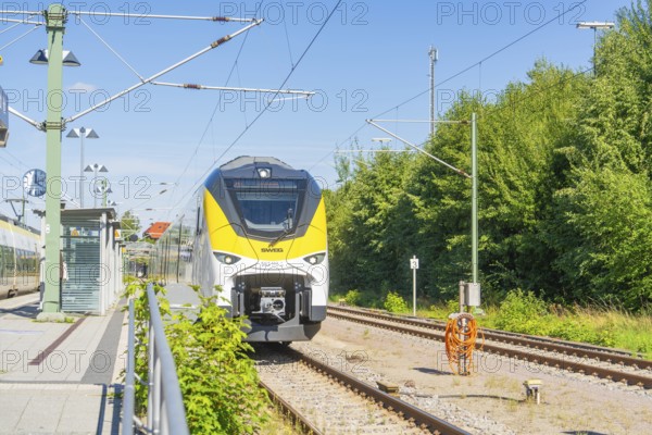 Train travelling under a blue sky on tracks past trees and signals, battery Electric train with green electricity, Siemens Mireo Plus B, Freudenstadt, Germany