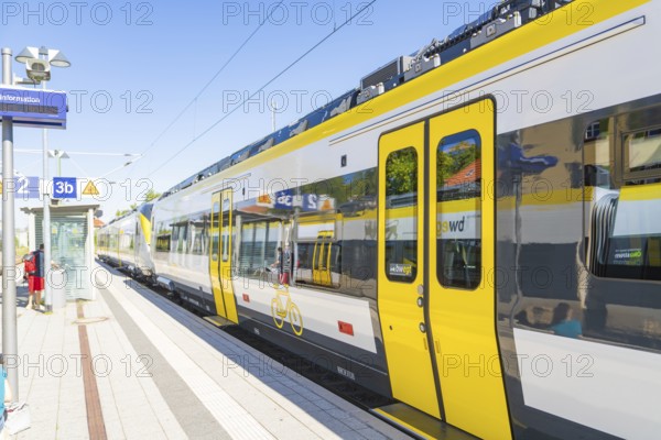 Modern yellow train on a sunny platform with blue sky, battery Electric train with green electricity, Siemens Mireo Plus B, Freudenstadt, Germany