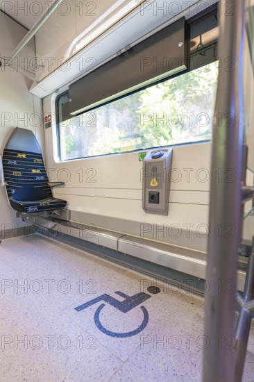 Train compartment with marked area for wheelchairs, battery Electric train with green electricity, Siemens Mireo Plus B, Freudenstadt, Germany