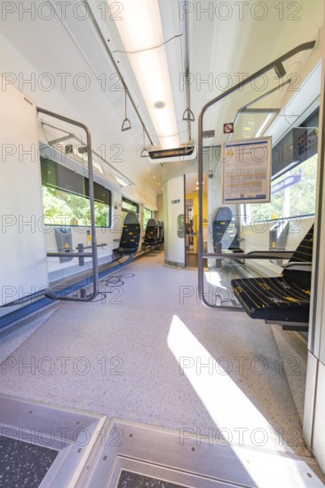 Large, bright interior of a train with wide windows, battery Electric train with green electricity, Siemens Mireo Plus B, Freudenstadt, Germany