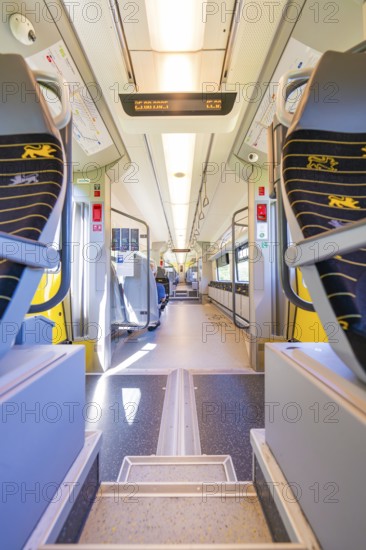 Modern train interior with bright colours and modern seats, battery Electric train with green electricity, Siemens Mireo Plus B, Freudenstadt, Germany