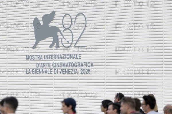 Venice, Italy - 1 September 2025: La Biennale di Venezia - Logo in front of the Palazzo del Cinema during the red carpet of - The Smashing Machine - during the 82nd Venice International Film Festival