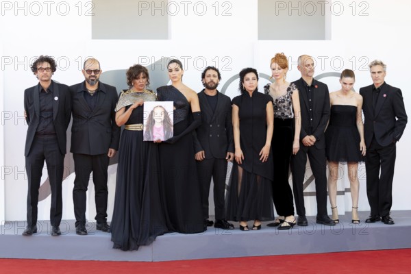 Venice, Italy - 3 September 2025: Nadim Cheikhrouha, Amer Hlehel, Kaouther Ben Hania, Saja Kilani, Motaz Malhees, Clara Khoury, Odessa Rae, James Wilson, Rooney Mara and Joaquin Phoenix during the Red Carpet of - The Voice Of Hind Rajab - during the 82nd Venice International Film Festival