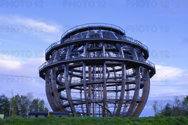 Observation tower, wooden ball on the Steinsee lake, Upper Palatinate Lake District near Wackersdorf, Upper Palatinate, Bavaria, Germany