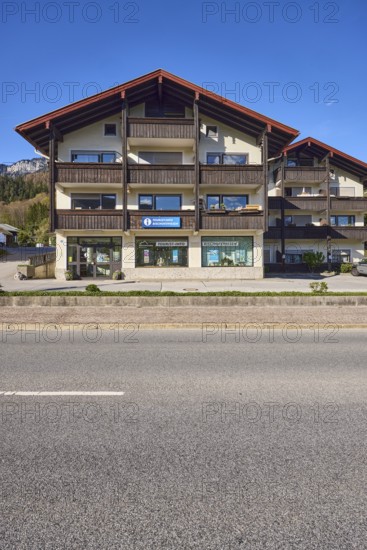 Tourist information, house, building, street, car park, blue sky, cumulus clouds, federal road 20, main road, Bischofswiesen, district Berchtesgadener Land, Bavaria, Germany