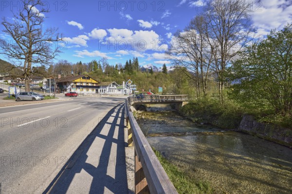 River Bischofswieser Ache, road, trees, hill, coniferous forest, building, motorway bridge and pedestrian bridge, intersection between federal road 20, main road, Aschauerweiherstraße and Steingasse, Bischofswiesen, district of Berchtesgadener Land, Bavaria, Germany