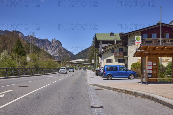 Bus stop Bischofswiesen centre, street, general architecture, vehicles, mountains, mountain landscape, trees, blue sky, cloudless, federal road 20, Bischofswiesen, district Berchtesgadener Land, Bavaria, Germany