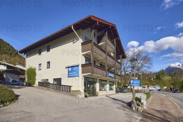 Tourist information, house, building, car park, lantern, trees, hill, coniferous forest, blue sky, cumulus clouds, federal road 20, main road, Bischofswiesen, Berchtesgadener Land district, Bavaria, Germany