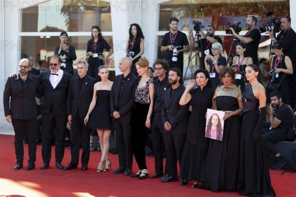 Venice, Italy - 3 September 2025: Nadim Cheikhrouha, Amer Hlehel, Kaouther Ben Hania, Saja Kilani, Motaz Malhees, Clara Khoury, Odessa Rae, James Wilson, Rooney Mara and Joaquin Phoenix during the Red Carpet of - The Voice Of Hind Rajab - during the 82nd Venice International Film Festival