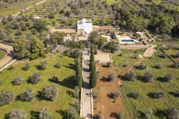 The typical farm Masseria Bianca in Taurisano seen from above, Apulia, Italy
