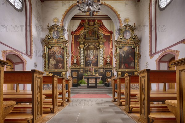 Interior view of the altar, St. Blasius Chapel, Burgrain near Willisau, Canton Lucerne, Switzerland