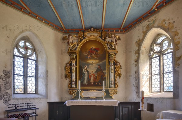 Interior view of the altar, Wyher Castle Chapel, Wyher moated castle, Ettiswil, Canton Lucerne, Switzerland