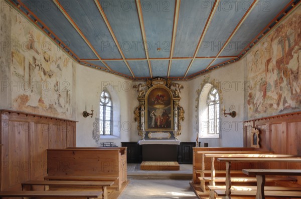 Interior view of the altar, wall frescoes, Wyher Castle Chapel, Wyher moated castle, Ettiswil, Canton Lucerne, Switzerland