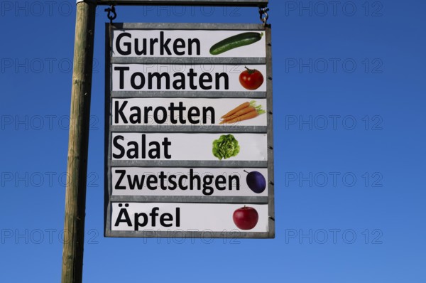 Sign of a farm shop at a farm, offering cucumbers, tomatoes, carrots, lettuce, plums, apples, Grosswangen, Canton Lucerne, Switzerland