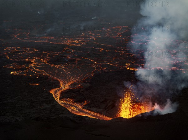 Lava, volcanic eruption, volcano, ash cloud, aerial view, Sundhnúkur crater chain, July 2025, Reykjanes Peninsula, Iceland