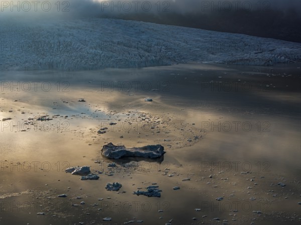 Icebergs, ice floes, glacial lake, glacier, summer, evening mood, aerial view, Fjallsjökull, Vatnajökull National Park, Iceland