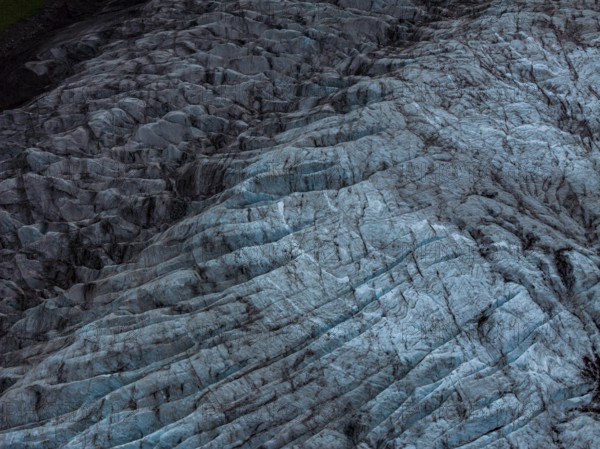 Glacier, glacier tongue, mountains, cloudy, summer, aerial view, Fjalljökull, Skaftafell, Iceland