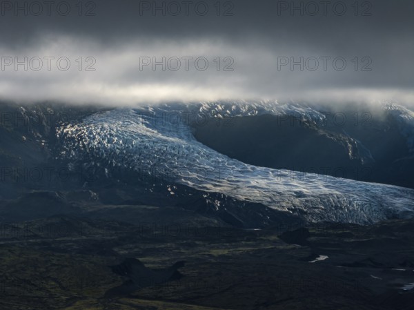 Glacier, glacier tongue, mountains, cloudy, summer, evening mood, aerial view, Fjallsjökull, Vatnajökull National Park, Iceland