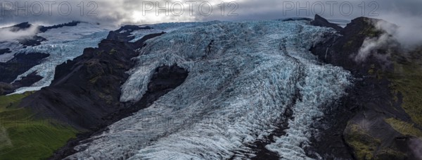 Glacier, glacier tongue, mountains, cloudy, summer, aerial view, panorama, Fjalljökull, Skaftafell, Iceland
