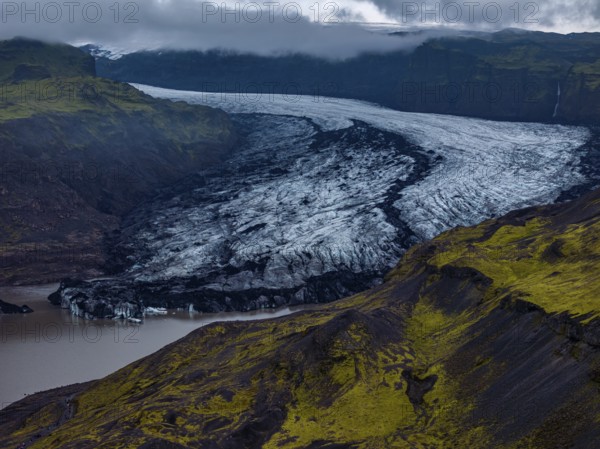 Glacier, glacier tongue, lake, mountains, cloudy, rainy, summer, aerial view, Myrdalsjökull, Iceland