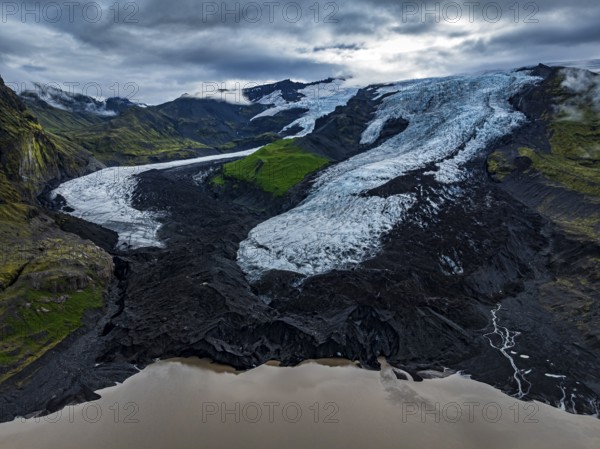 Glacier, glacier tongue, lake, mountains, cloudy, summer, aerial view, Fjalljökull, Skaftafell, Iceland
