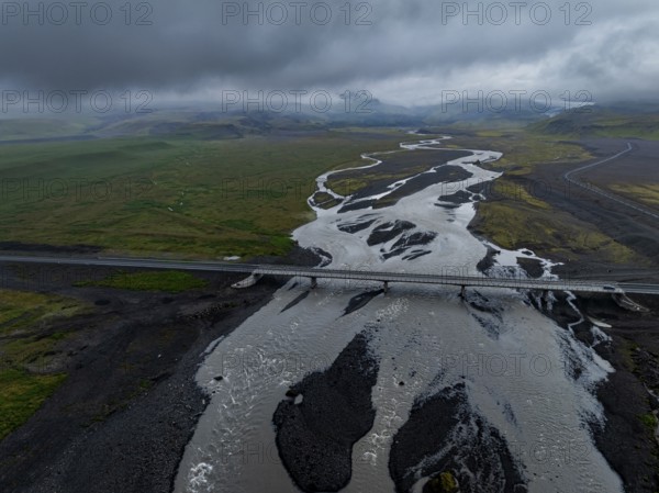 River, river course, river delta, road, bridge, cloudy, rainy, summer, aerial view, South Iceland, Iceland