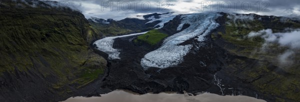 Glacier, glacier tongue, lake, mountains, cloudy, summer, aerial view, panorama, Fjalljökull, Skaftafell, Iceland