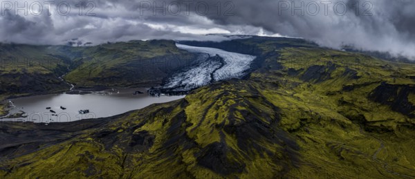 Glacier, glacier tongue, lake, mountains, cloudy, rainy, summer, panorama, aerial view, Myrdalsjökull, Iceland