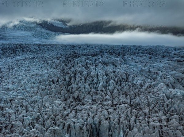 Glacier, glacier tongue, summer, evening mood, clouds, aerial view, Fjallsjökull, Vatnajökull National Park, Iceland