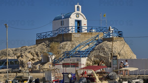 Small chapel on rocks with blue and white accents and blue roof, Chapel Agios Nikolaos, harbour, Kolymbia, Rhodes, Dodecanese, Greek Islands, Greece